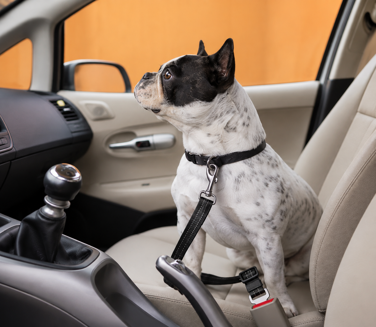 Dog secured on a back seat with the Wanderpaw car seat belt restraint