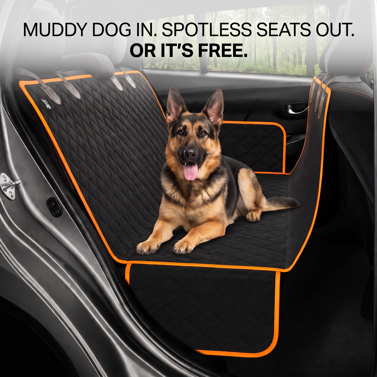 Wanderpaw waterproof dog car seat cover installed across the back seat of a car