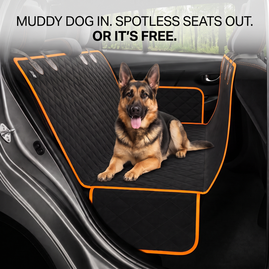 Wanderpaw waterproof dog car seat cover installed across the back seat of a car