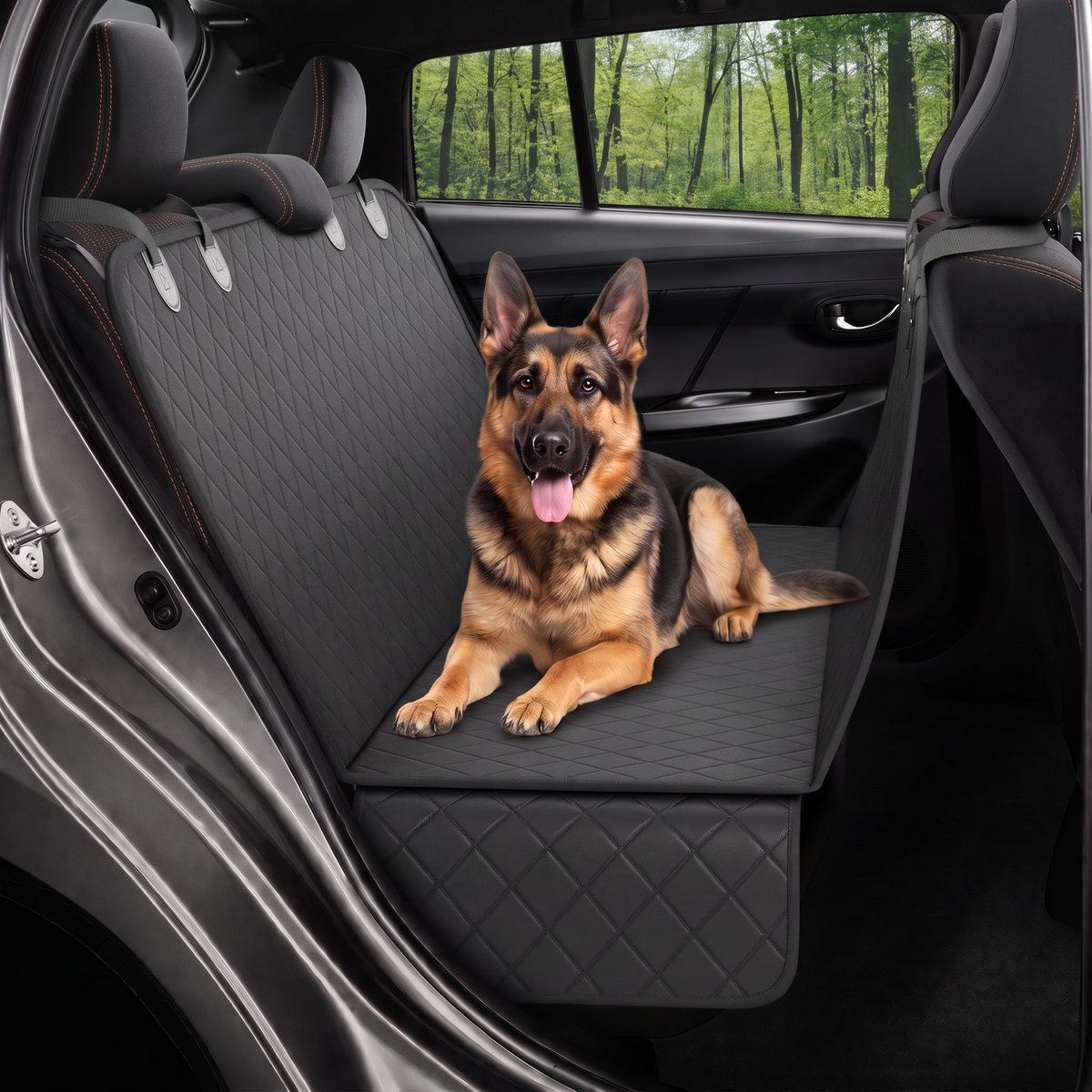Dog resting on the Wanderpaw hammock-style car seat cover during a drive